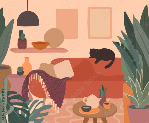 Girl girl sitting and resting on the couch with a cat and coffee. Daily life and everyday routine scene by young woman in scandinavian style cozy interior with homeplants. Cartoon vector
