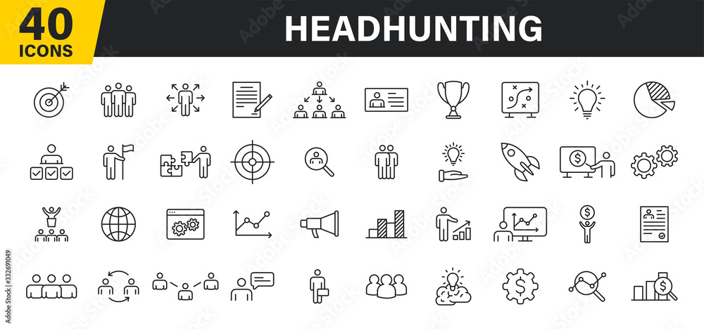 Fototapeta premium Set of 40 Headhunting web icons in line style. Skills, work, professional, employment, management, teamwork. Vector illustration.