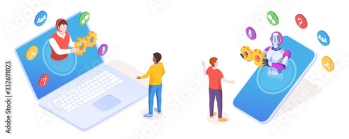 Chatbot helping customer from smartphone. Man from online support doing assistant service over laptop or notebook. Vector sign design for customer or user support, help, answer. AI technology