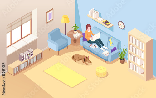 Isometric room with woman sitting on sofa and doing remote job using notebook. Vector girl with laptop doing freelance work. Reclining female working at home over internet. Lady on couch. Workspace