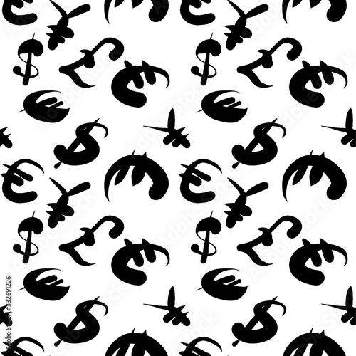 Seamless pattern with currency symbols, dollar, euro, yuan. Background for design concept. Doodle esp 10