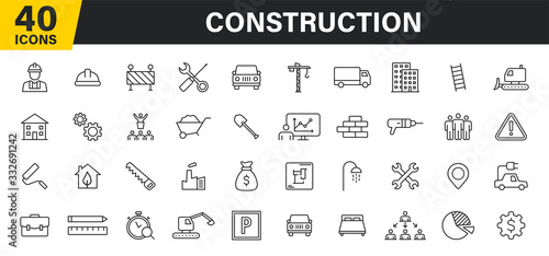 Set of 40 Construction web icons in line style. Building, engineer, business, road, builder, industry. Vector illustration.