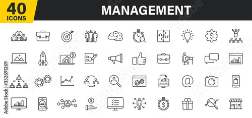 Set of 40 Management web icons in line style. Media, teamwork, business, planning, strategy, marketing. Vector illustration.