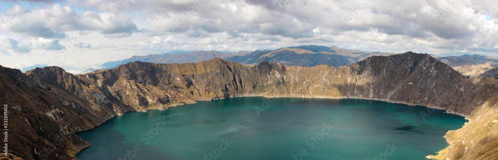 Quilotoa in Ecuador,  overview of a lagoon in the crater of a volcano