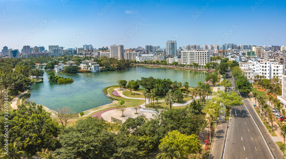 Fototapeta premium Beautiful Scenery of The People's Public Park at Summer Time, Downtown Haikou City, Hainan Province, China.