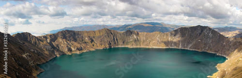 Quilotoa in Ecuador, overview of a lagoon in the crater of a volcano
