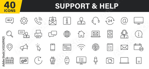 Set of 40 Support and Help web icons in line style. Assistance, email, customer, 24 hrs, service, contact. Vector illustration.