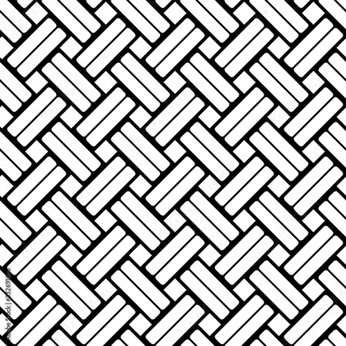 Weave seamless pattern. Woven stripes lattice. Simple diagonal wicker background. Basket background. Weaving texture. Interlacing lines for design prints. Black and white interlace fiber. Vector 