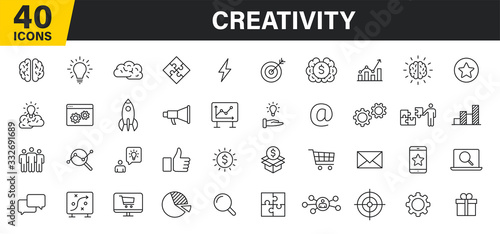 Set of 40 Creativity and Idea web icons in line style. Creativity, Finding solution, Brainstorming, Creative thinking, Brain. Vector illustration.