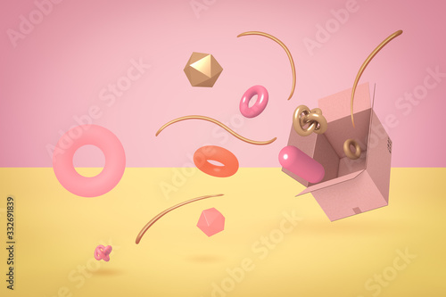 3d rendering of different colorful geometric objects flying out of cardboard box on contrast two-colored pink and yellow background.