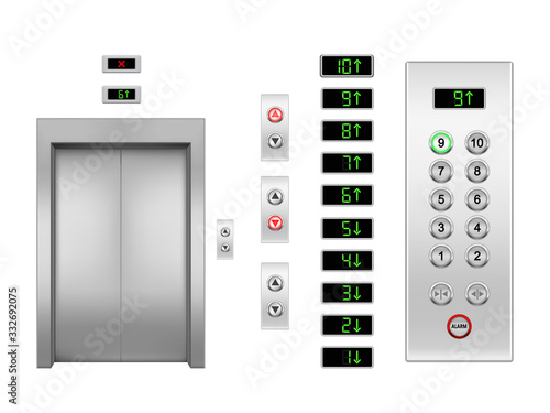 Realistic vector elevator door and buttons, up and down arrows with floor indicator. Metal or steel closed lift door and panel with green and red lights, panel and display. Gate for building interior photo