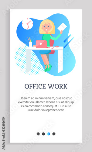 Office work vector, person sitting by table with computer with stats and analysis of working tasks, secretary at workplace with desk clock on wall. Website slider app template, landing page flat style