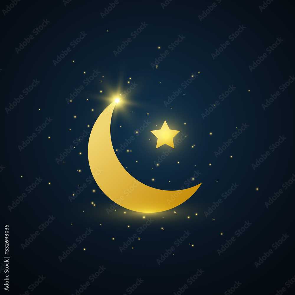 Naklejka premium Ramadan Kareem arabic banner. Eid Mubarak greeting card. Golden crescent and star symbol on dark background. Luxury gold design elements. Muslim islamic feast. Vector illustration