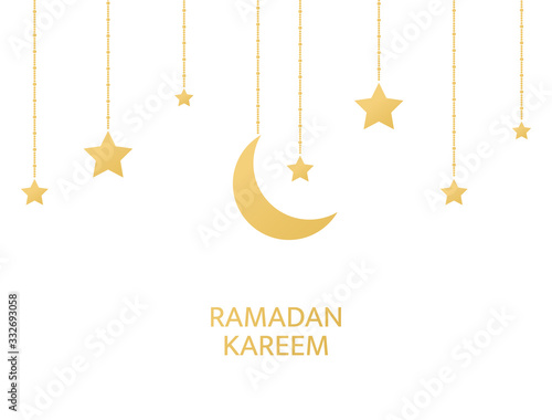 Golden crescent and stars hanging on white background. Ramadan Kareem arabic border. Eid Mubarak greeting card. Luxury gold design elements. Muslim islamic festival. Vector illustration