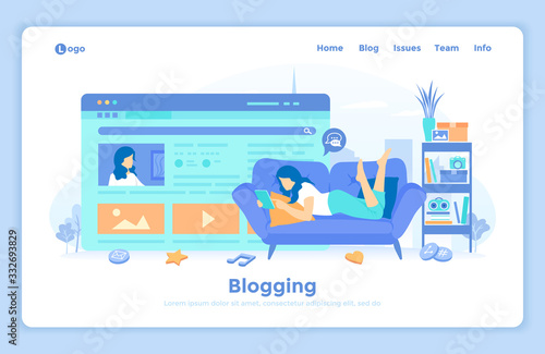 Blogging Blog post writing, social network page, content making. Girl lying on the couch at home writes texts, messages, shares photos and videos. landing page design template decorated with people.