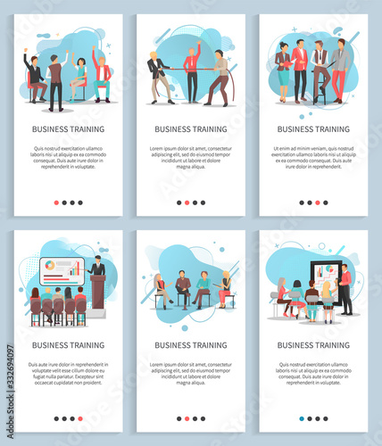 People learning new info about business and management vector, coaching and tutoring, meeting and seminars workshops for students, businessmen set. Website or app slider, landing page flat style