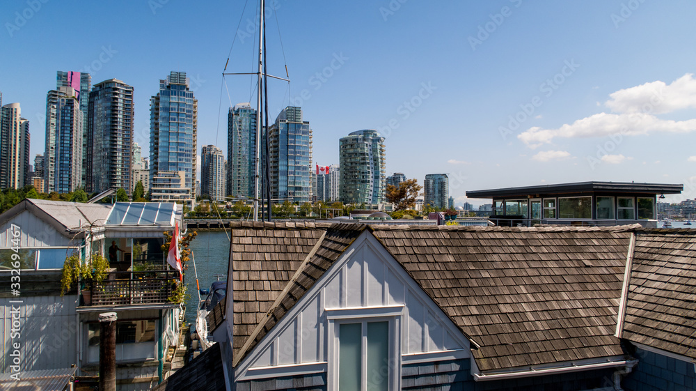Waterfront Condominium Living with Marina by Granville Island Bridge in Vancouver BC Canada Panorama