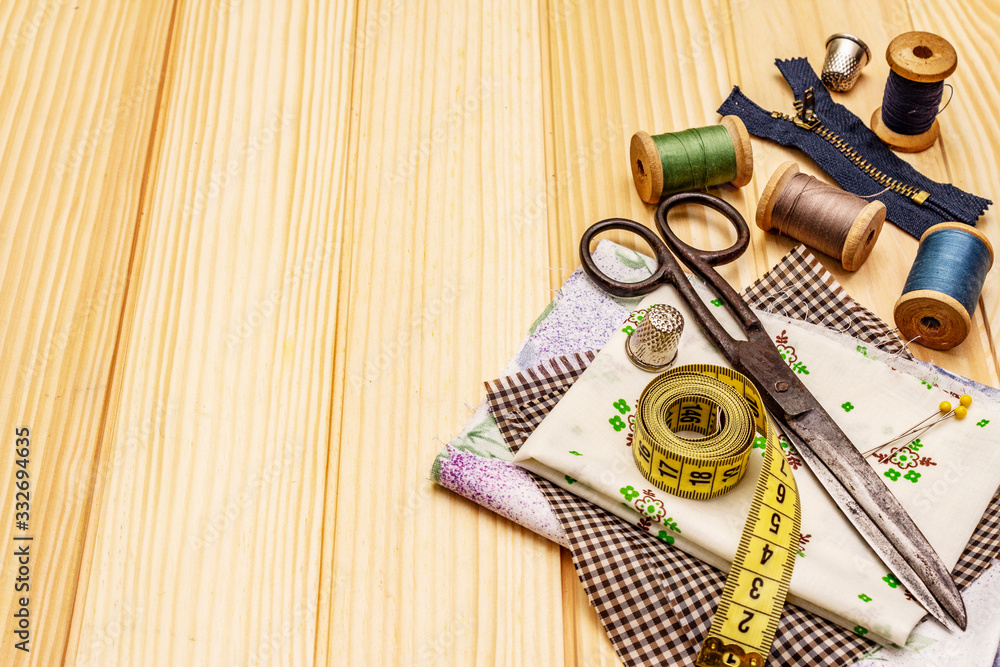Handmade, DIY concept. Set of tools and materials for sewing. Stay at home in quarantine