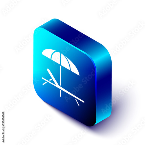 Isometric Sunbed icon isolated on white background. Beach umbrella and Sun lounger. Blue square button. Vector Illustration