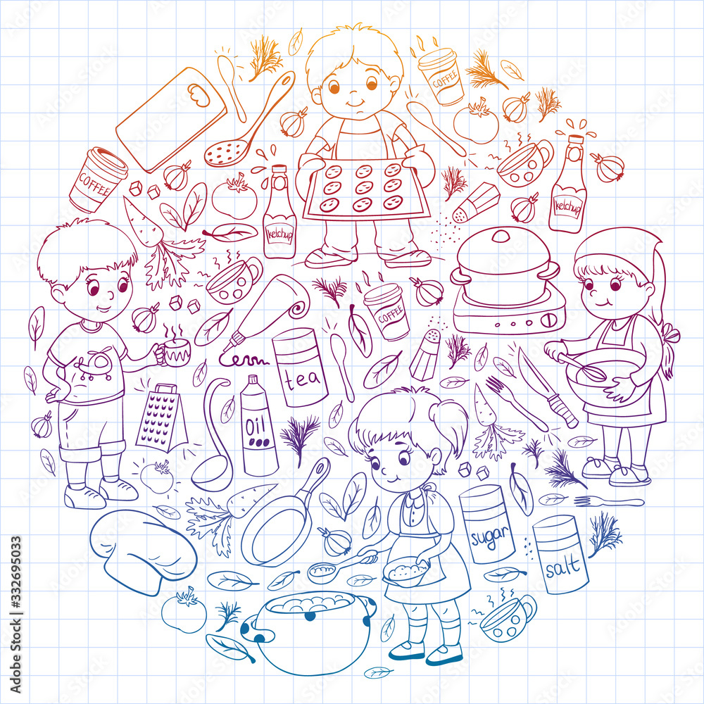Vector pattern with cooking class for little children. Kids icons. Healthy eating. Vector pattern with cooking class for little children. Kids icons. Healthy eating.