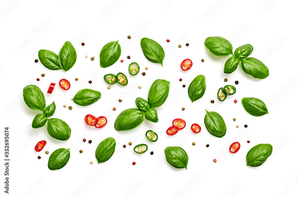 Basil, spices, chili pepper. Vegan diet food, creative green basil composition isolated on white. Fresh basil pattern layout, cooking concept, top view. Basil, spices, chili pepper. Vegan diet food, creative green basil composition isolated on white. Fresh basil pattern layout, cooking concept, top view.