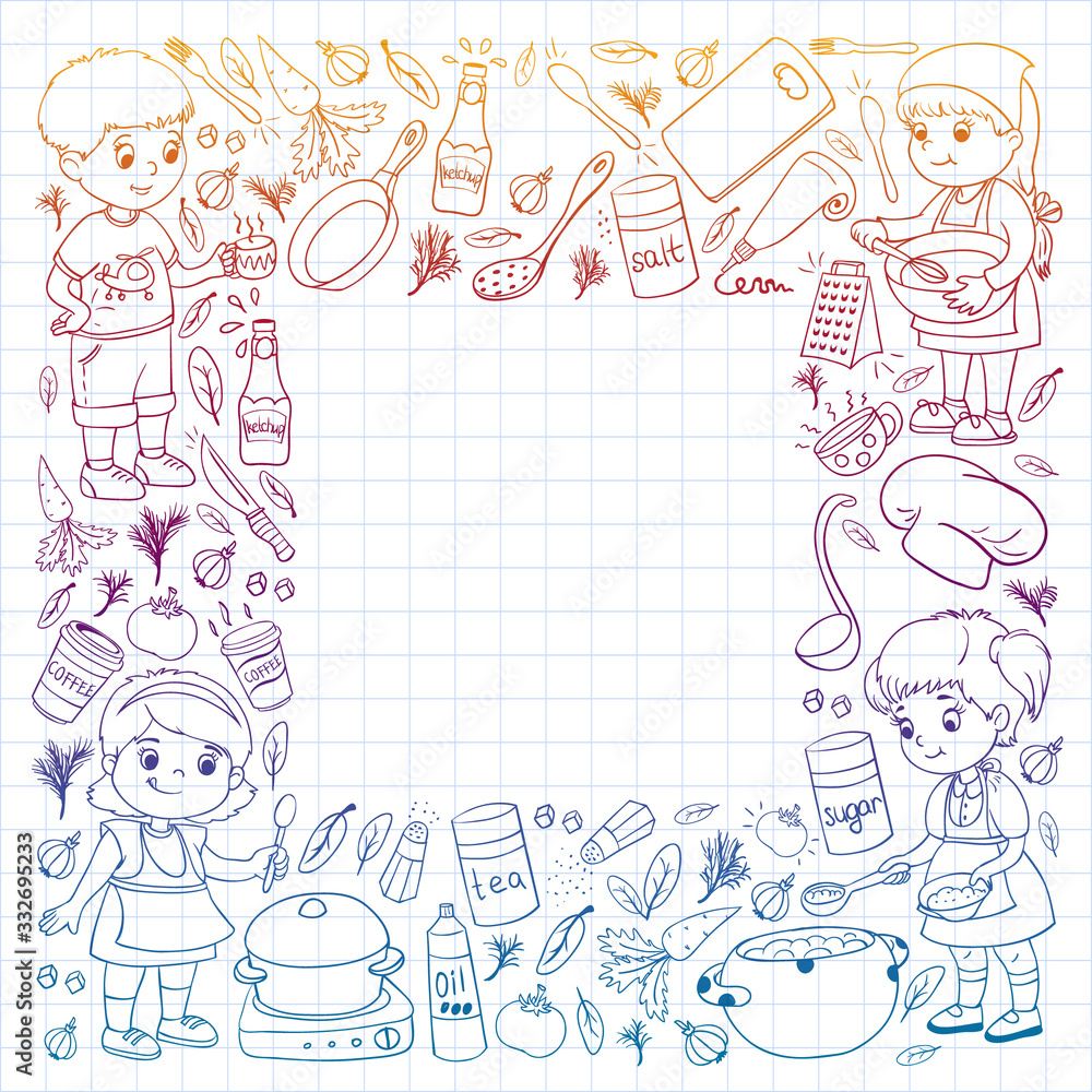 Vector pattern with cooking class for little children. Kids icons. Healthy eating. Vector pattern with cooking class for little children. Kids icons. Healthy eating.