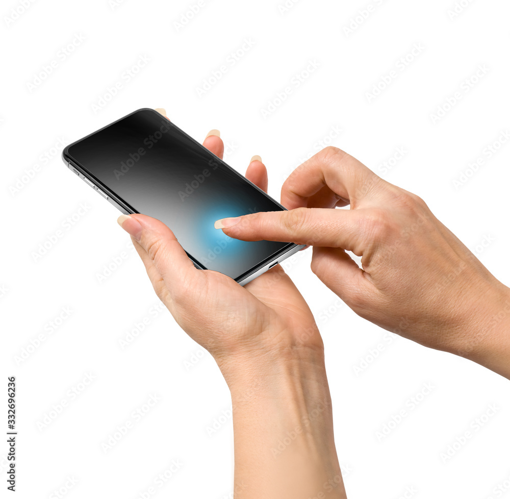 the woman's hand tapped the screen the woman's hand tapped the screen