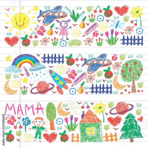 Kindergarten pattern with funny kids drawing. Vector illustration. Children play and grow.