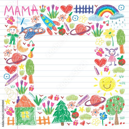 Kindergarten pattern with funny kids drawing. Vector illustration. Children play and grow.