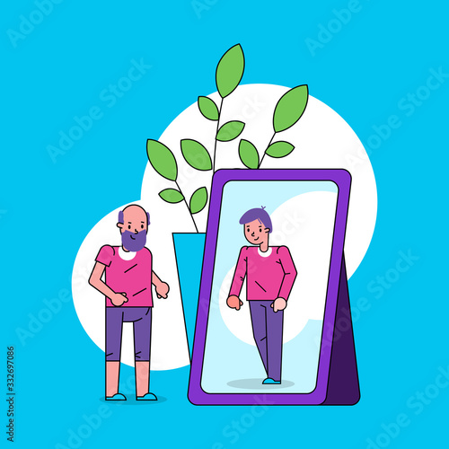 Psychology of self perception ego concept with old man looks into mirror and sees himself as boy in reflection line art cartoon vector illustration. Self-worth, self-esteem nostalgic look.