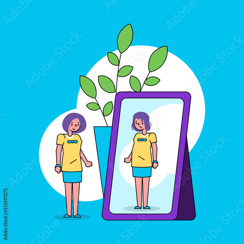 Psychology of self perception ego concept with girl looks into mirror and sees herself ugly in reflection line art vector illustration. Self-worth, self-perception and identity female look.