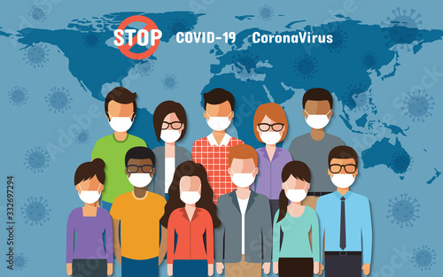 People around the world wearing face masks standing fighting for Coronavirus, Covid-19 on world map. Corona virus disease awareness.