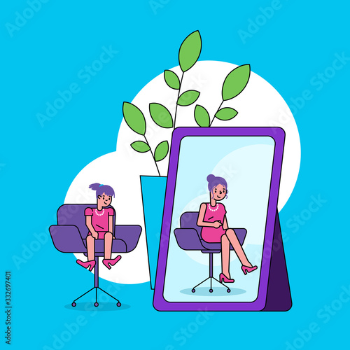 Childs psychology of self perception concept with girl looks into mirror and sees herself young woman in reflection line art vector illustration. Childs self-perception and identity, look of older