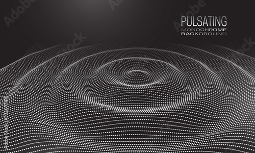 Pulsating monochrome background design with wavy ripple of dots and lines. Abstract cyberspace background for banner, flyer or poster.