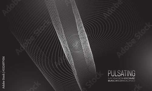 Pulsating monochrome background design with vibrating flow of dots and lines. Abstract quantum background for banner, flyer or poster.