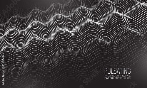 Pulsating monochrome background design with ripple of dots and lines. Abstract vibrating background for banner, flyer or poster.
