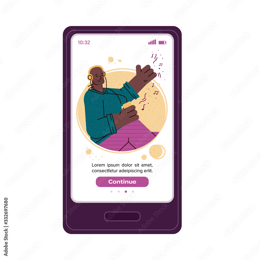 Music app interface with cartoon man in headphones with text template. Music app interface with cartoon man in headphones with text template.