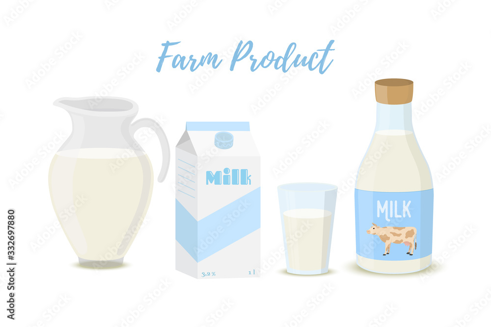 Vector milk in jar, bottle, glass and cardboard package Vector milk in jar, bottle, glass and cardboard package