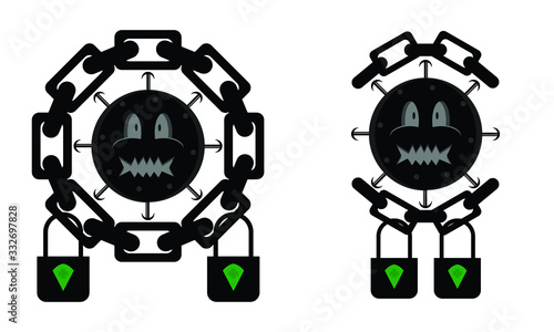vector illustration of locking viruses with locks and chains and quarantining dangerous viruses