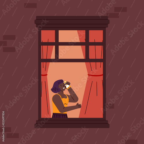 Cartoon woman talking on phone in window frame in rainy evening