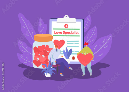 Love specialist, marriage counselling psychotherapy session with tiny people sexologist office, heart symbol flat vector illustration. Love, psychological and sex problems specialist consultation..