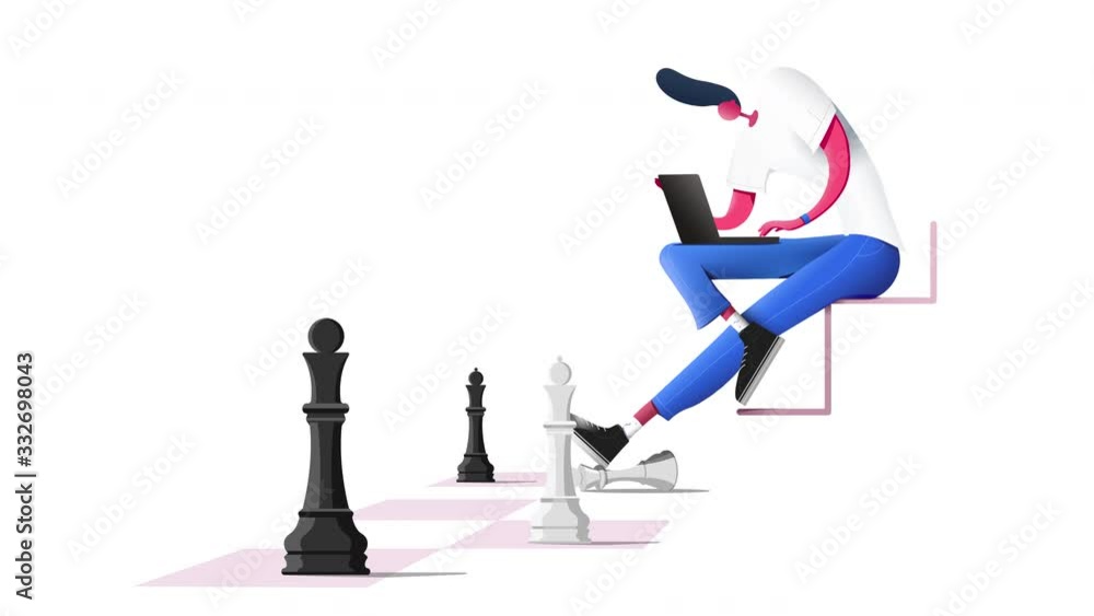 Seamless loop. 4 different color variations of the animation of a man with a stylish haircut playing chess. 2D flat animation isolated on white background with alpha luma matte 4k. Seamless loop. 4 different color variations of the animation of a man with a stylish haircut playing chess. 2D flat animation isolated on white background with alpha luma matte 4k.