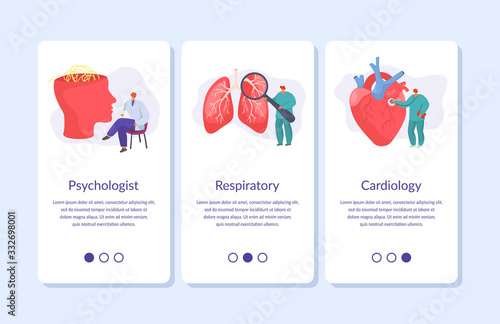 Medic banners set for mobile app of medicine online doctors, medical consultation of psychologist, cardiologist and pulmonologist healthcare vector illustration. Medical insuarance online healthcare.