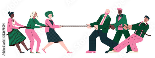 Tug of war - cartoon office people tugging a rope. Rival business teams