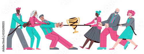 Business team tug of war competition flat cartoon vector illustration isolated.