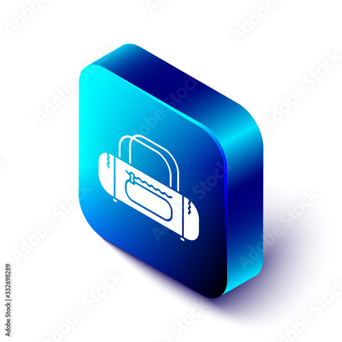 Isometric Sport bag icon isolated on white background. Blue square button. Vector Illustration
