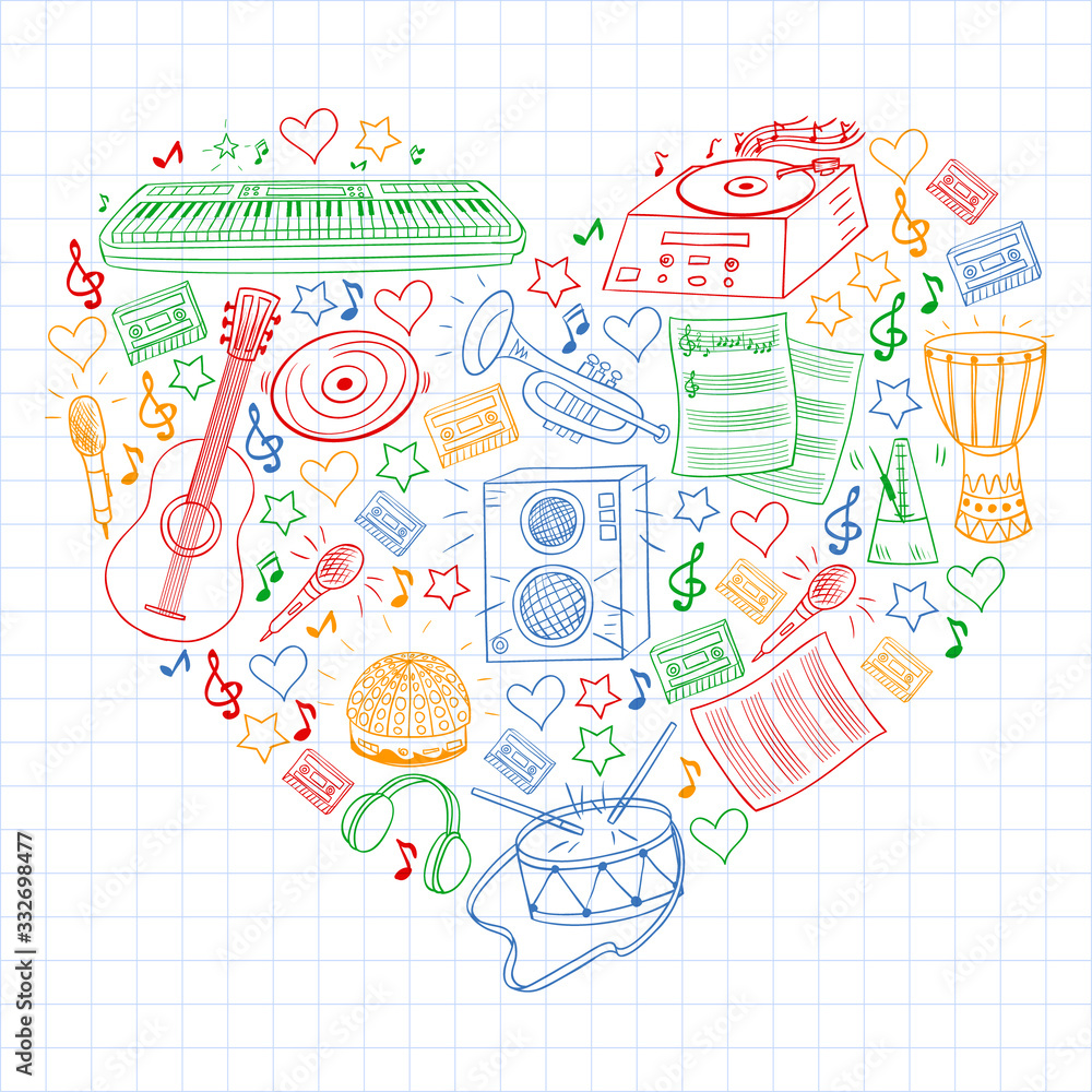 Online music school. Rock, jazz, disco, karaoke. Modern and classic music. Doodle style icons.