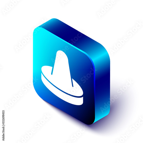 Isometric Mallet and puck for playing air hockey game icon isolated on white background. Blue square button. Vector Illustration