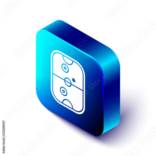 Isometric Air hockey table icon isolated on white background. Blue square button. Vector Illustration