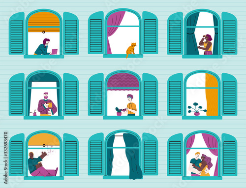 Building with cartoon people in windows sketch vector illustration isolated.
